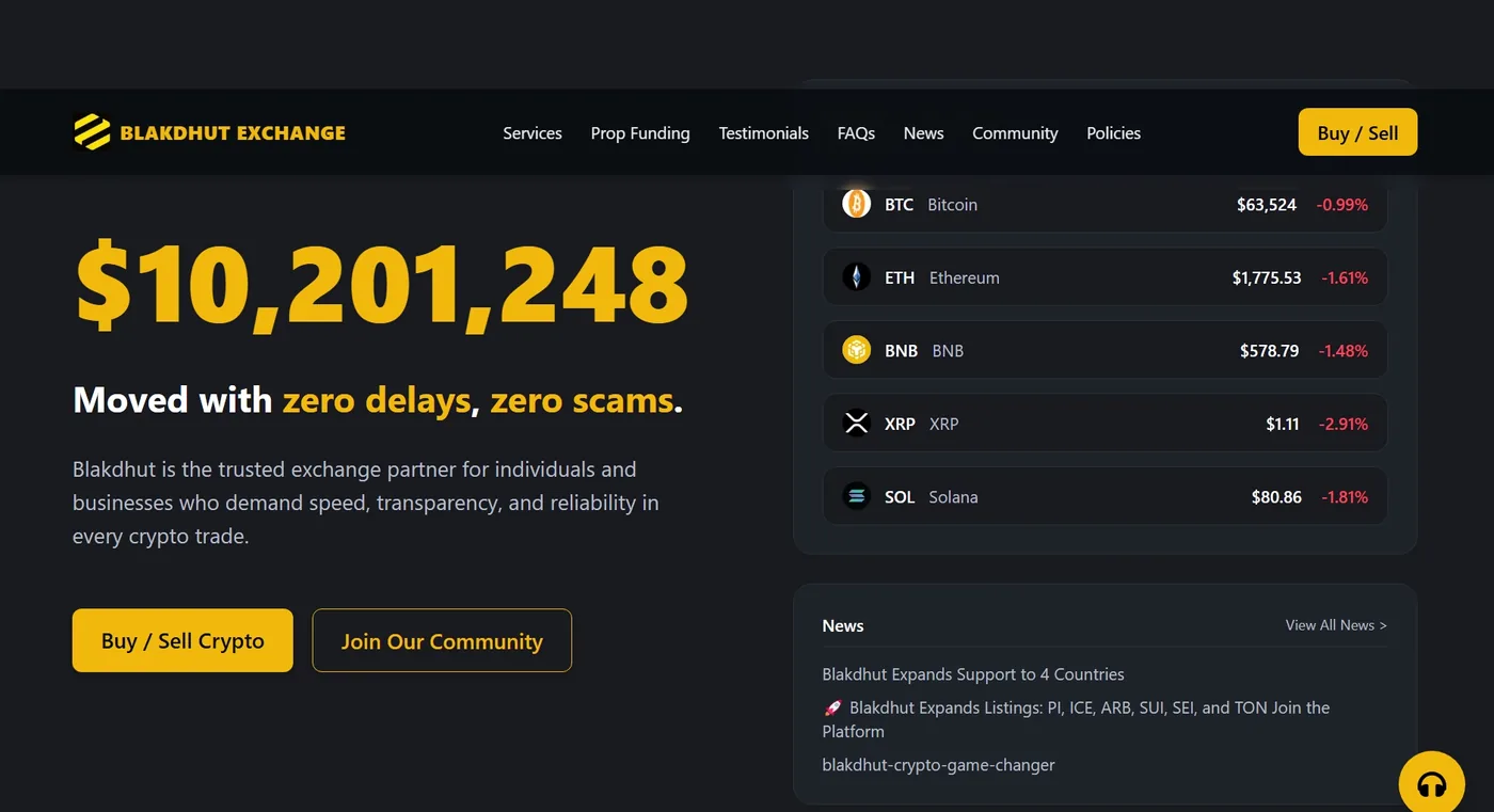 Blakdhut Exchange homepage